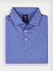 Folded blue patterned polo shirt with small white baseball motifs. Features a classic collar, three buttons, and an elegant logo on the inner neck label