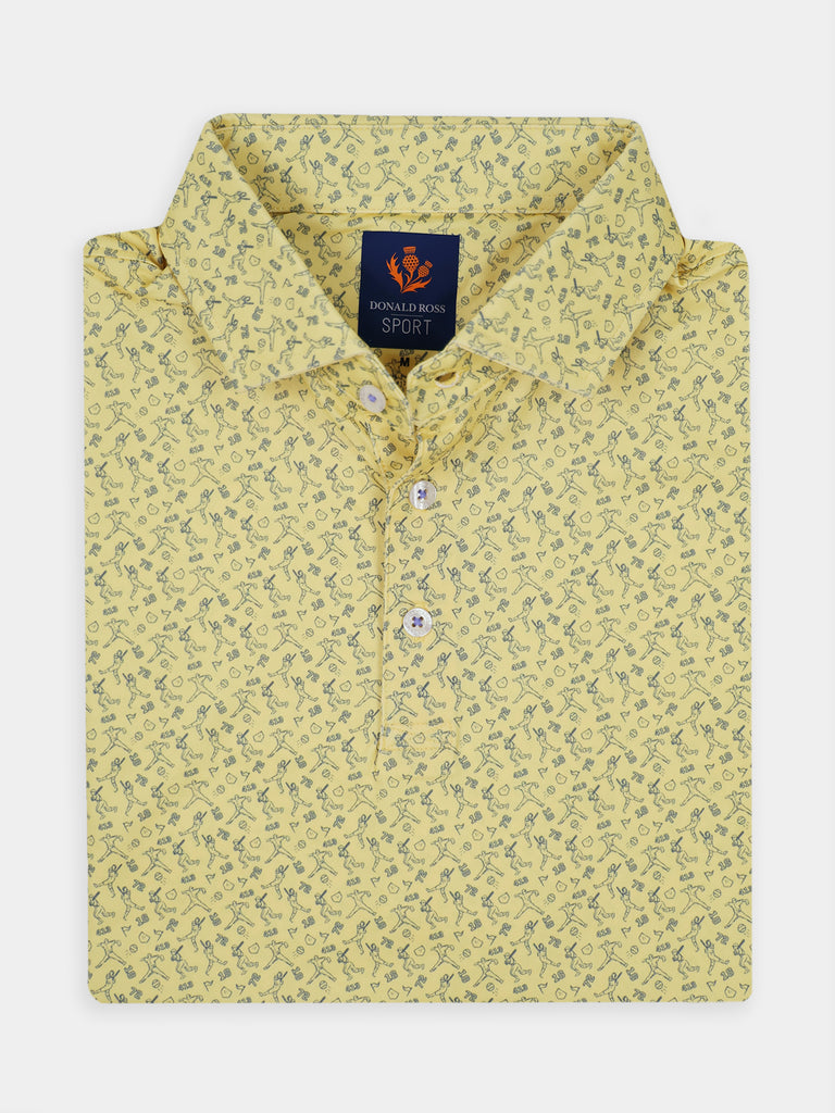 Yellow polo shirt with repeating navy baseball-themed icons, folded neatly