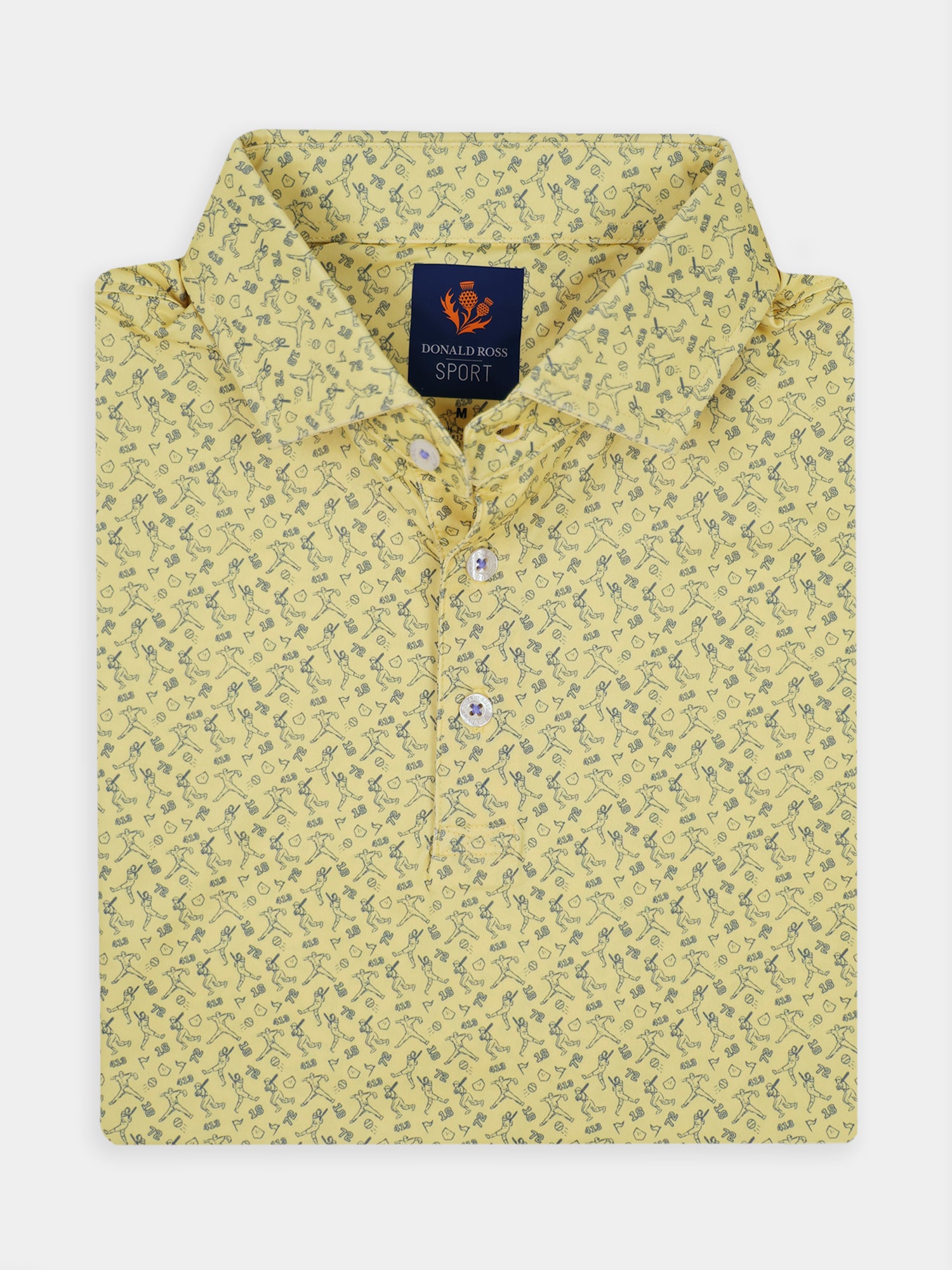 Yellow polo shirt with repeating navy baseball-themed icons, folded neatly