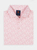 White performance golf polo shirt with red baseball-themed doodles, folded neatly