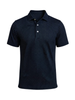 Navy short-sleeve polo shirt with subtle dot pattern and white button placket.