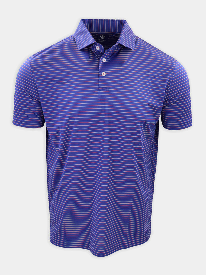 Purple striped polo shirt displayed against a white background.