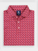 Red and white patterned polo shirt with a dense repeating abstract balloon design