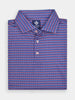 Blue and red patterned polo shirt folded over. Features small, repeating red and blue beer cans