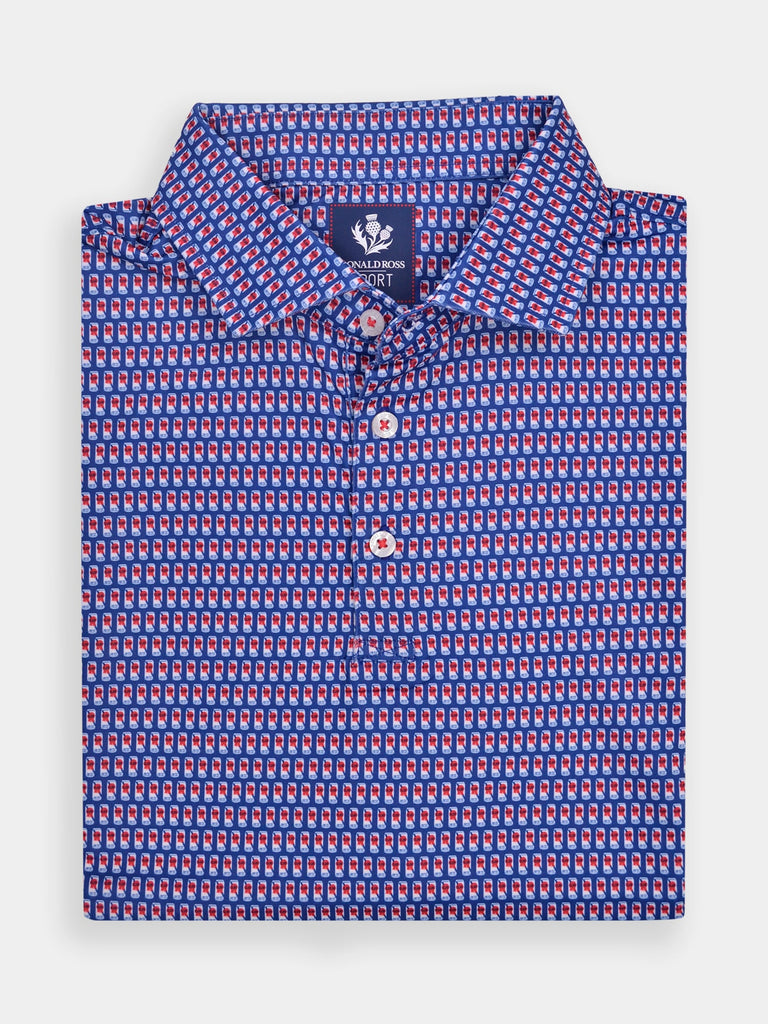 Blue and red patterned polo shirt folded over. Features small, repeating red and blue beer cans