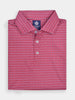Red collared polo shirt with a repeating pattern of small, white beer cans