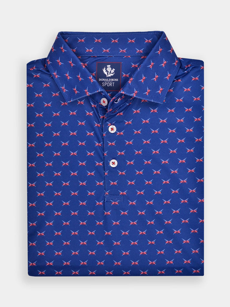 Blue polo shirt with red and white dual American flag pattern, neatly folded