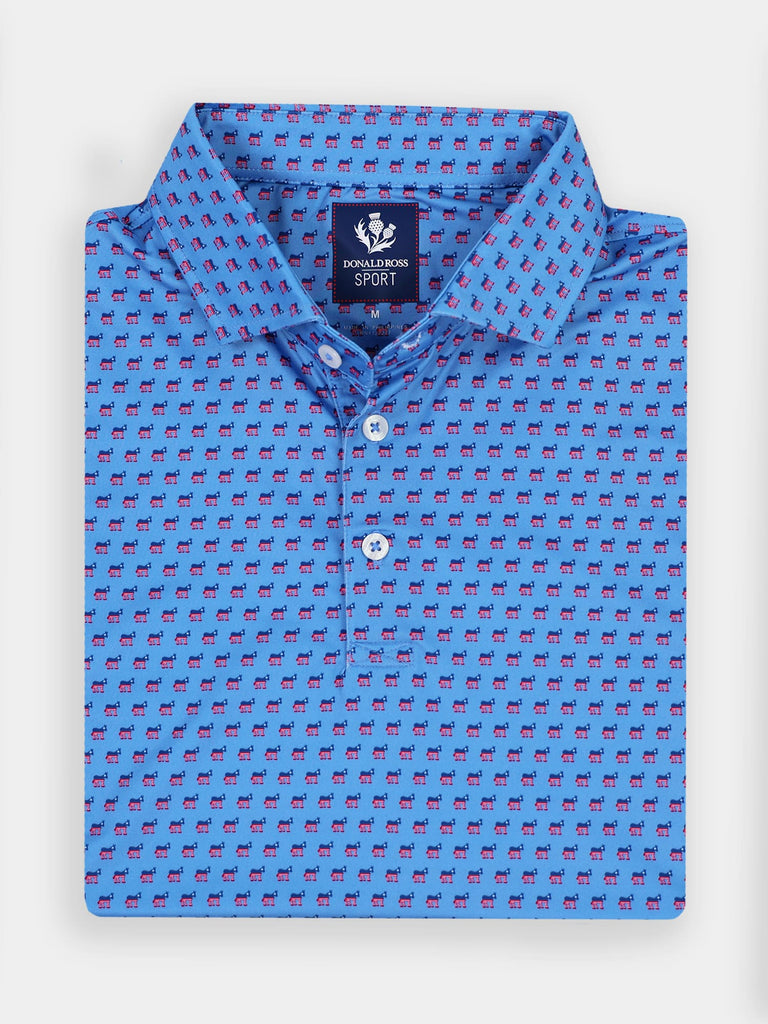 Folded blue polo shirt with a red and blue democrat donkey pattern