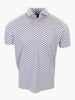 Short-sleeve polo shirt with a white base and a repetitive blue and red patterned design.