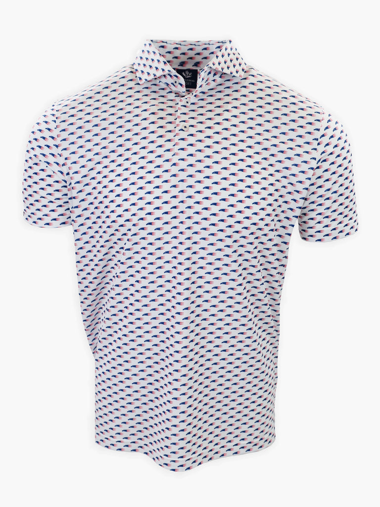 Short-sleeve polo shirt with a white base and a repetitive blue and red patterned design.
