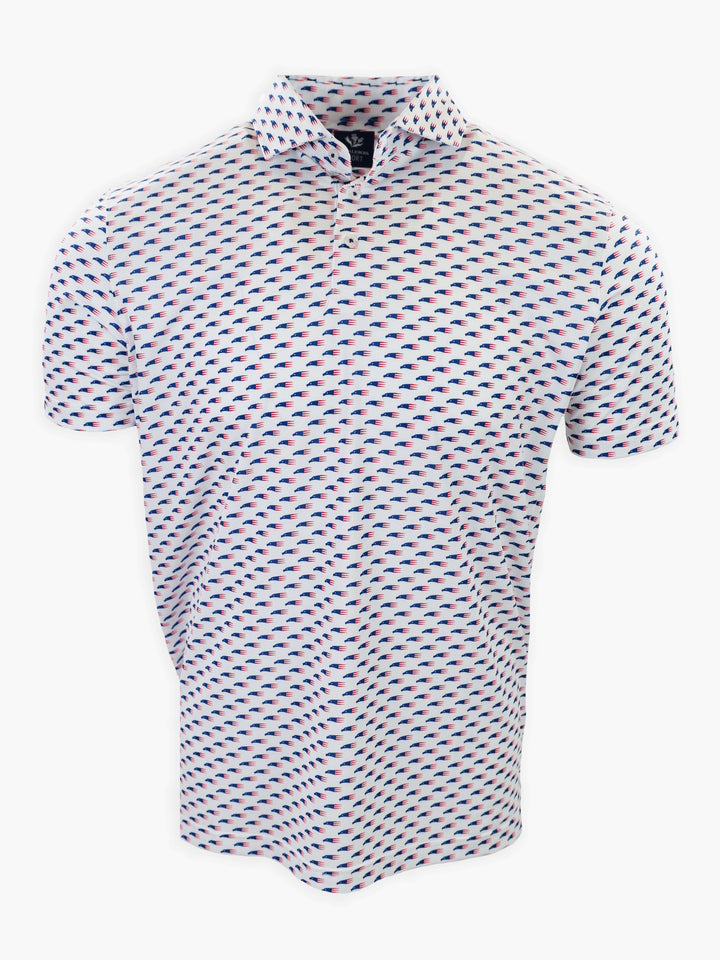 Short-sleeve polo shirt with a white base and a repetitive blue and red patterned design.