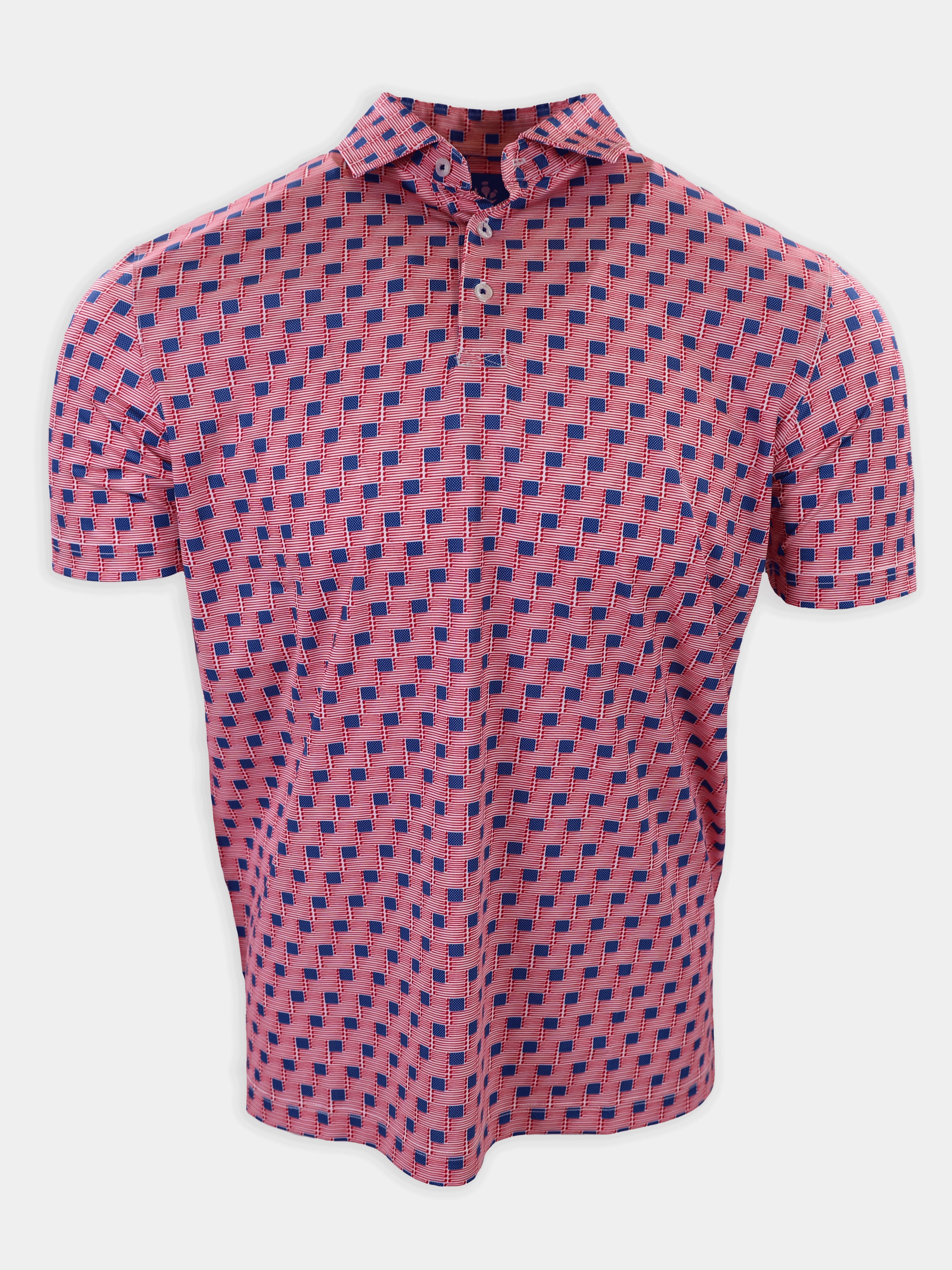 A short-sleeved polo shirt with a pink and blue geometric pattern is displayed against a white background.