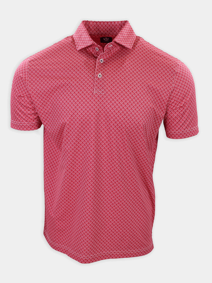 Red polo shirt with a geometric pattern and a collar, displayed front-facing.