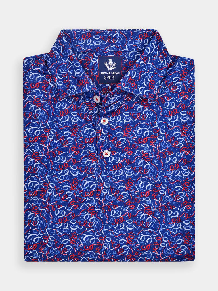 Blue polo shirt for golf with patriotic ribbon design