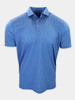 Blue short-sleeve polo shirt with an all-over geometric print and contrasting collar.