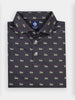 Folded dark polo shirt featuring a pattern of small American flags with rainbow stripes