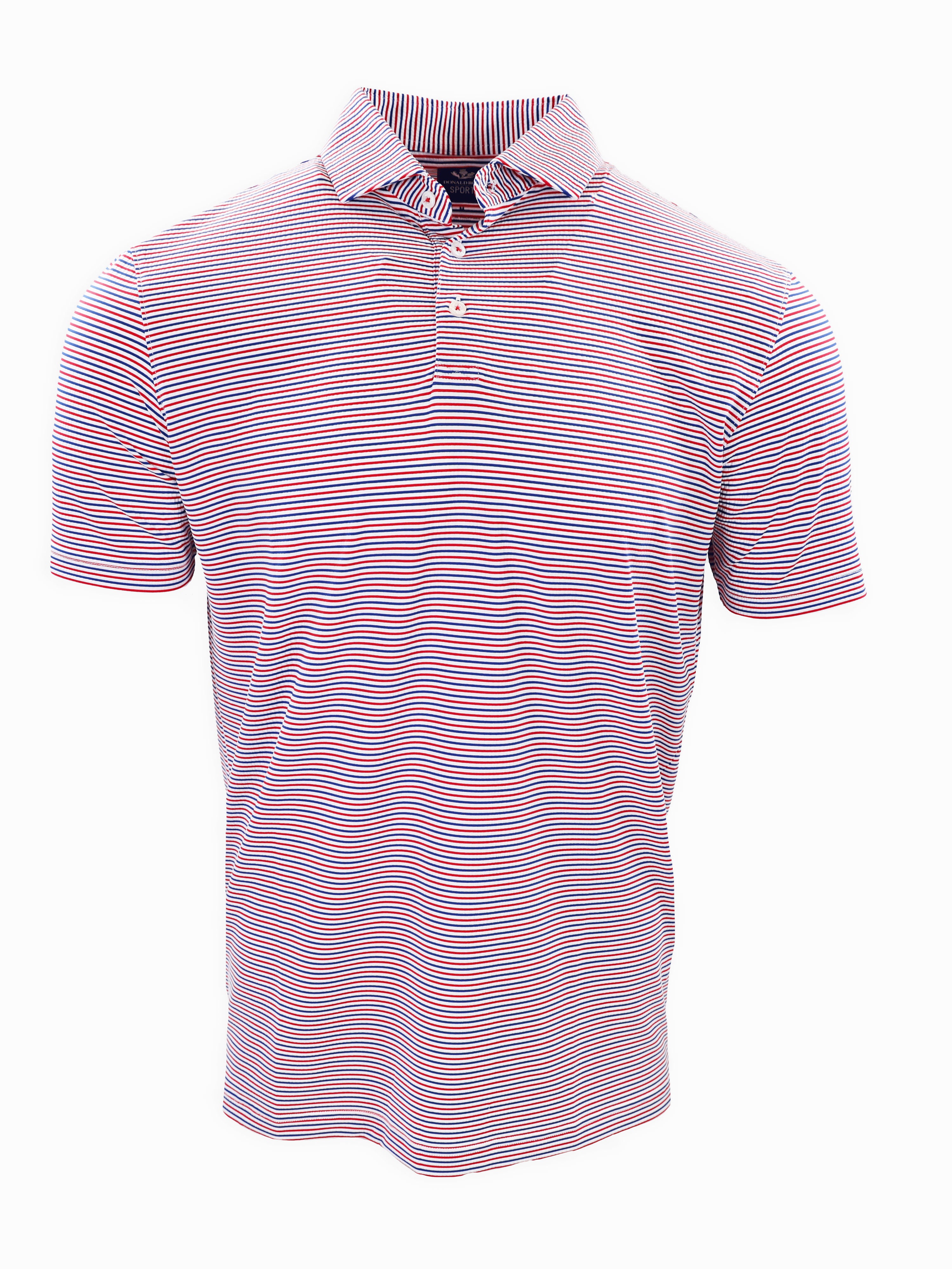 Striped polo shirt in red and white displayed against a plain background.