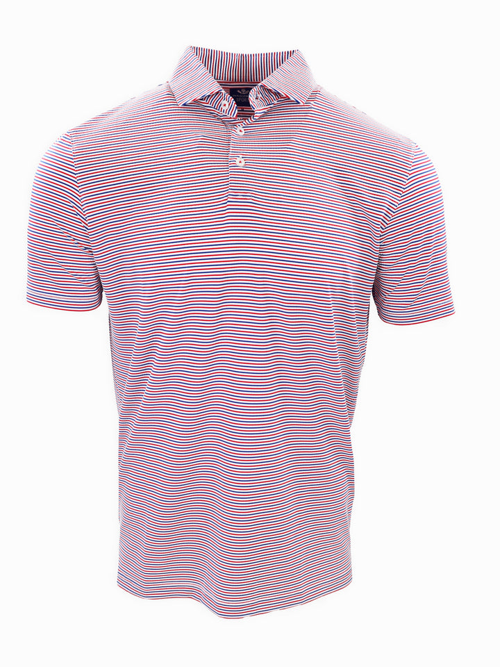 Striped polo shirt in red and white displayed against a plain background.