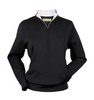 Black pullover with a zippered neckline and white collar.