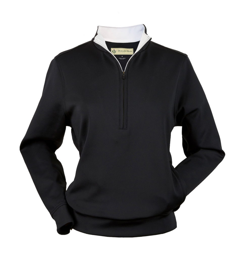 Black pullover with a zippered neckline and white collar.