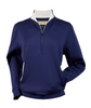 A navy blue, long-sleeve pullover with a zippered collar is displayed on a plain background.