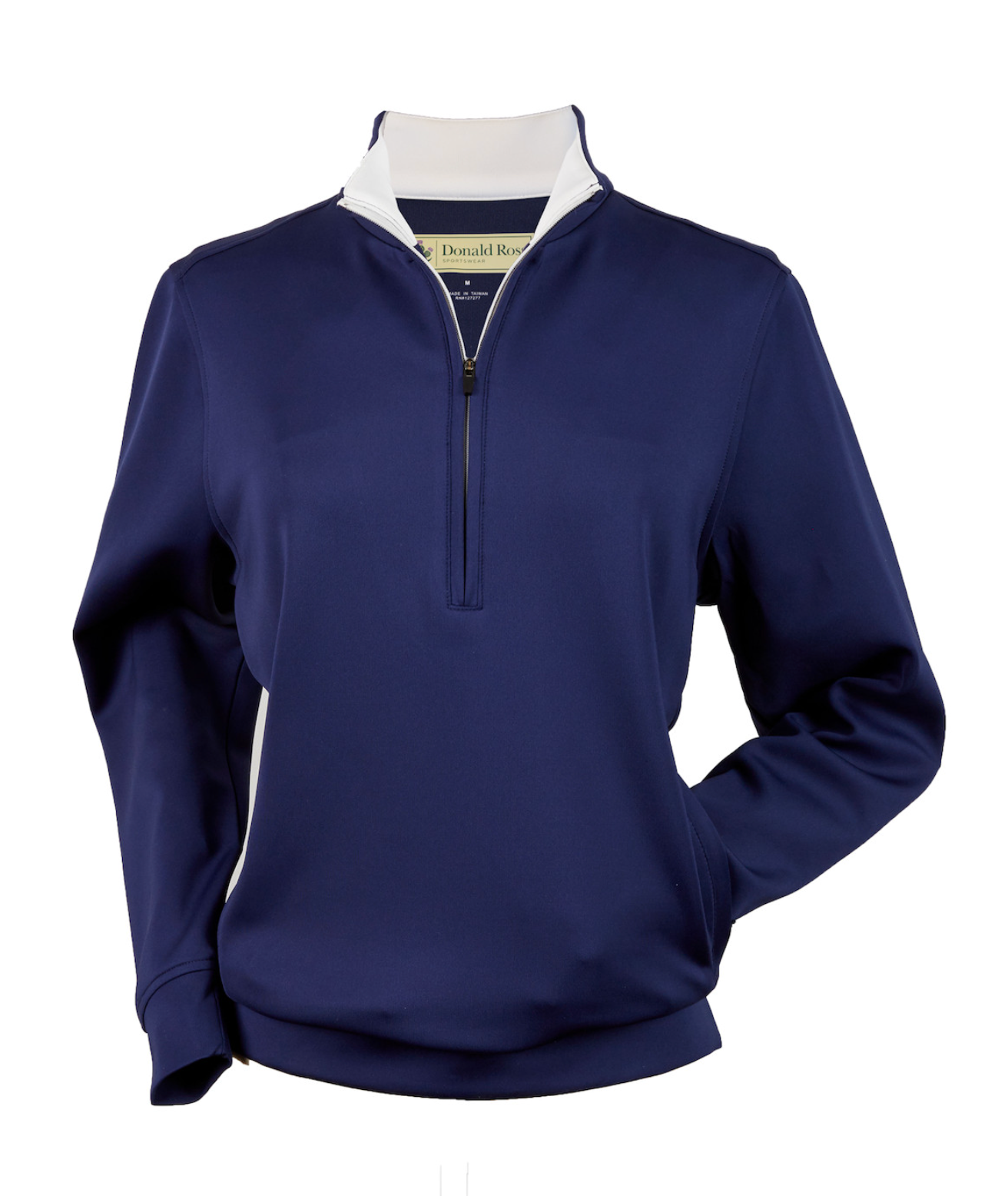 A navy blue, long-sleeve pullover with a zippered collar is displayed on a plain background.