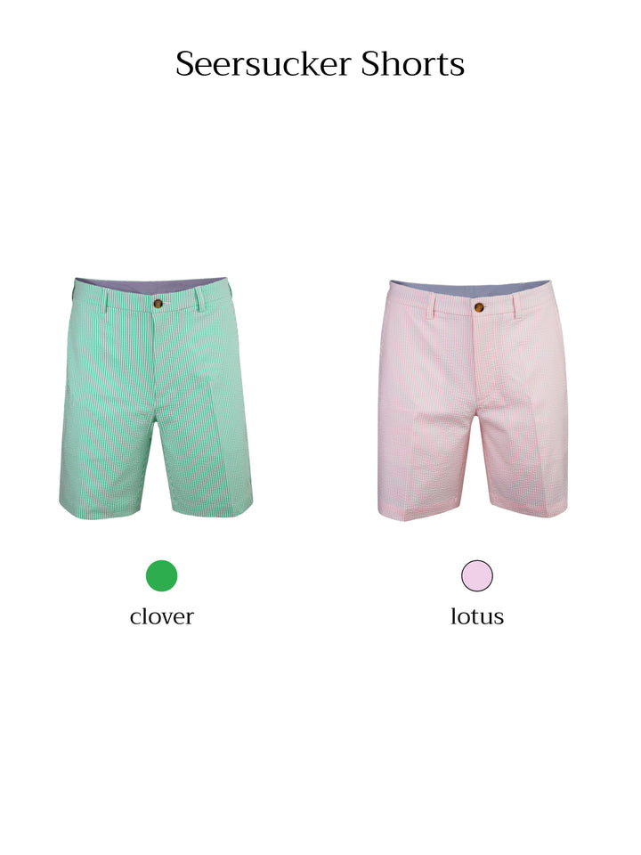 Two pairs of seersucker shorts are displayed side by side, one in green with white stripes and the other in pink with white stripes.