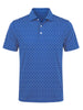 Blue short-sleeve polo shirt with an all-over geometric print pattern and white button placket.