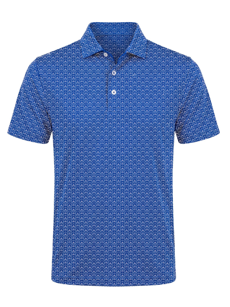 Blue short-sleeve polo shirt with an all-over geometric print pattern and white button placket.
