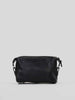 Black leather toiletry bag with subtle texture and embossed logo on the front