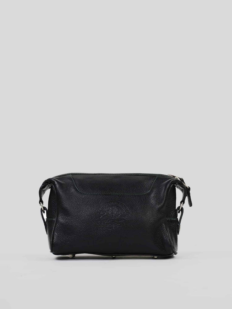 Black leather toiletry bag with subtle texture and embossed logo on the front