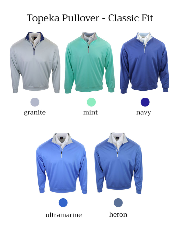 Five pullover sweaters in various colors are displayed on a white background, each featuring a quarter-zip collar.