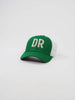 Green and white baseball cap with "DR" in bold letters on the front