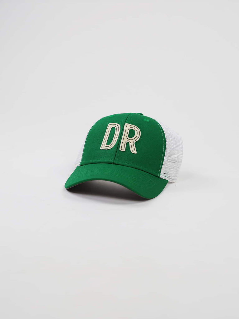 Green and white baseball cap with "DR" in bold letters on the front
