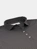 Black and white striped dress shirt with mother-of-pearl buttons displayed on a folded presentation.