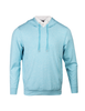 Heathered light blue hoodie with white drawstrings and contrasting white collar lining.