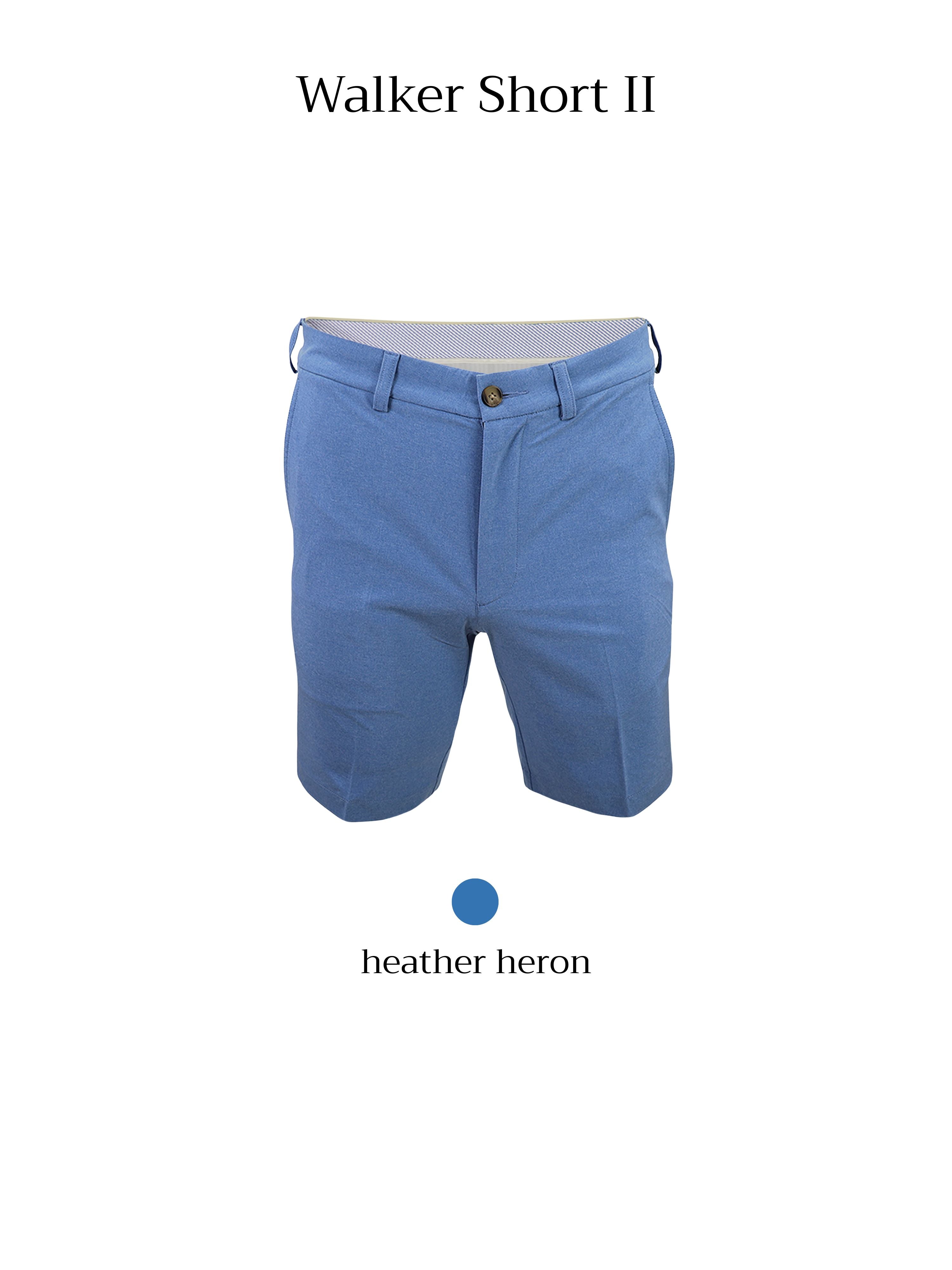 Blue shorts with a pleated front and a button closure are displayed against a plain background.