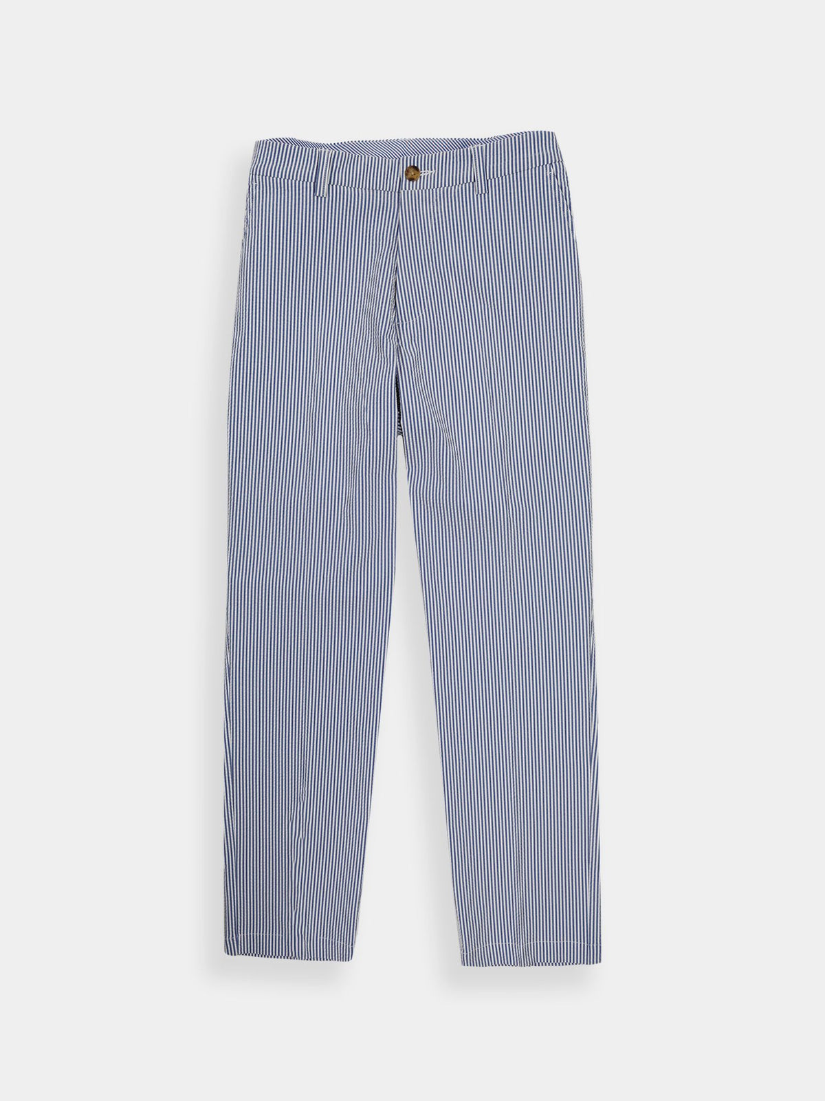 Blue and white pinstripe pants against a plain background. The straight-leg design and button closure convey a classic, casual style.
