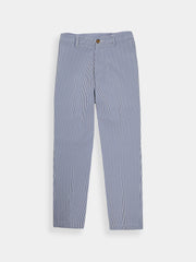 Blue and white pinstripe pants against a plain background. The straight-leg design and button closure convey a classic, casual style.
