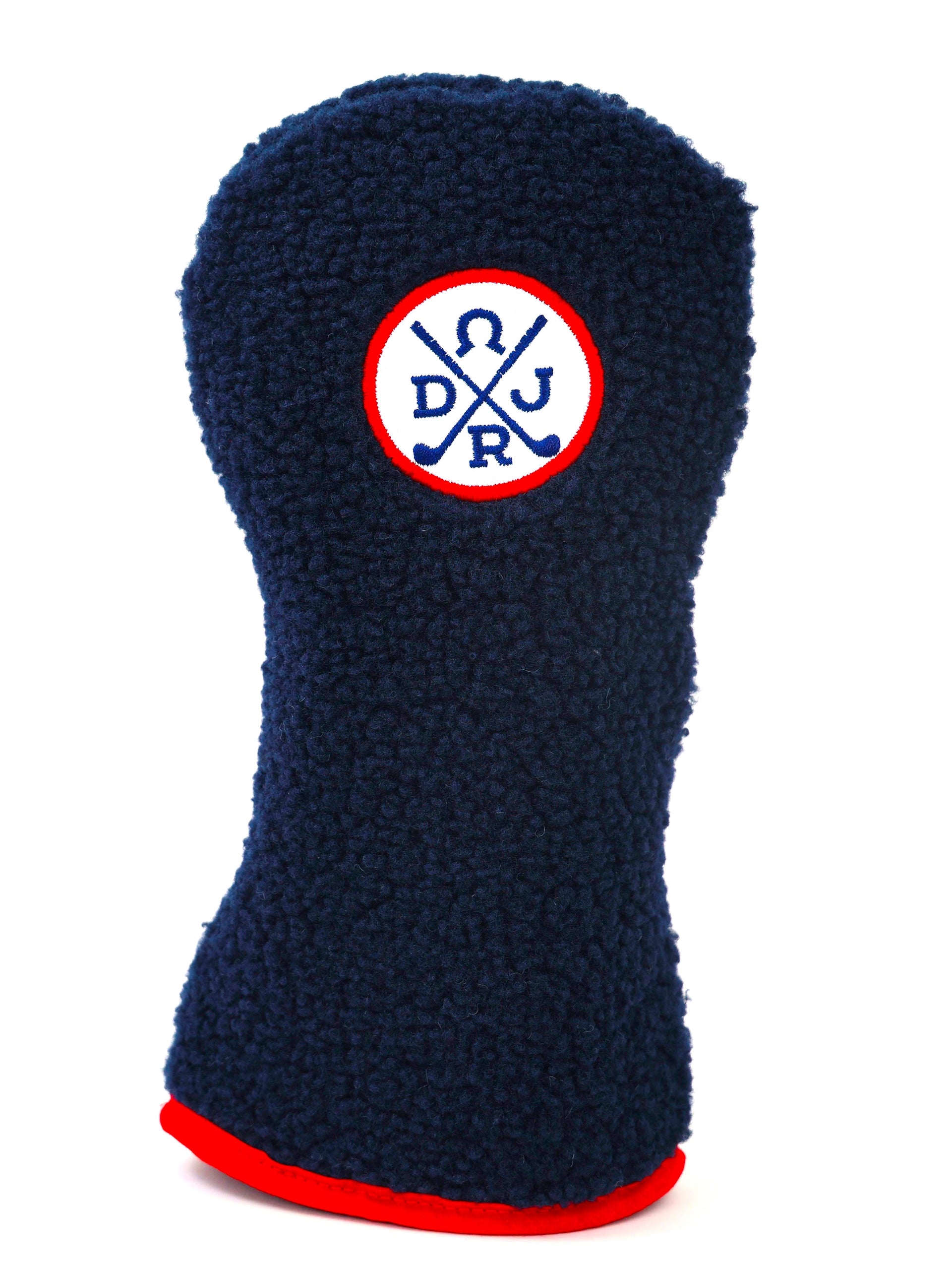 Navy knit golf headcover with red trim and embroidered crossed clubs logo.