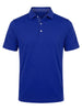 Royal blue short-sleeve polo shirt with button placket and contrasting patterned interior collar.