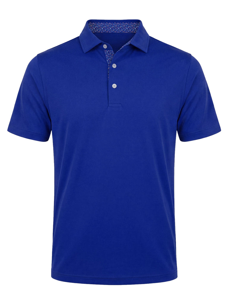 Royal blue short-sleeve polo shirt with button placket and contrasting patterned interior collar.