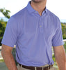 A person is standing outdoors, wearing a short-sleeved purple striped polo shirt and khaki pants.