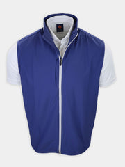 Navy blue athletic vest with a zipper is displayed over a white shirt.