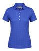 Women's short-sleeve polo shirt in royal blue with a subtle white dot pattern and mother-of-pearl buttons.