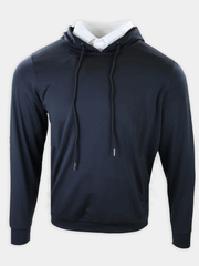 A mannequin wearing a black hoodie with a white collared shirt underneath, set against a plain gray background. The hoodie has a relaxed fit.