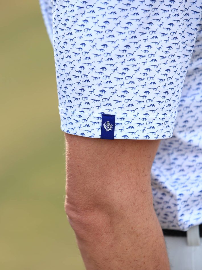 Close-up on the sleeve of a men's dinosaur fossils print polo in white and navy.